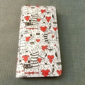 Cute Cat Print Wallet with Red Hearts